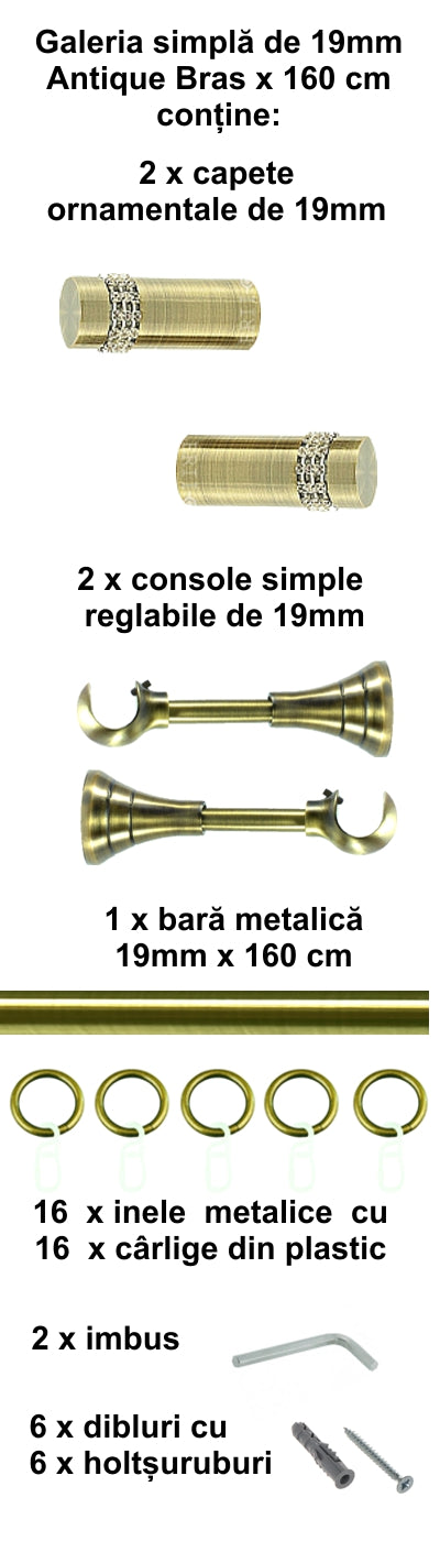 Galerie Metalică Dios, simplă, clasică, cu inele, 19mm, antique brass (auriu antic)