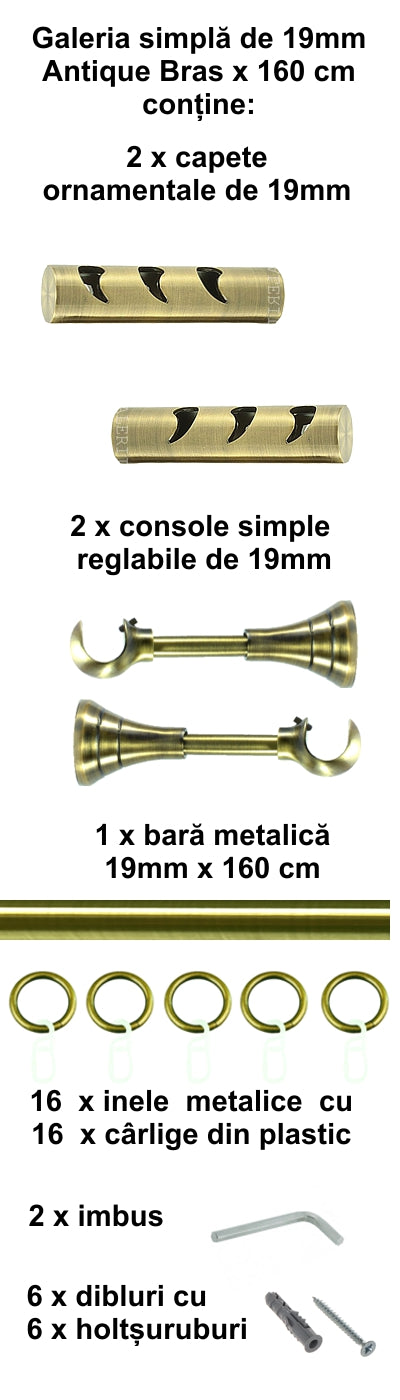 Galerie Metalică Drop, simplă, clasică, cu inele, 19mm, antique brass (auriu antic)