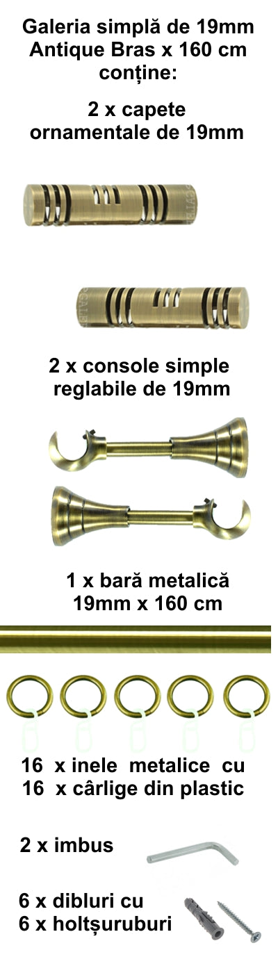 Galerie Metalică Elis, simplă, clasică, cu inele, 19mm, antique brass (auriu antic)