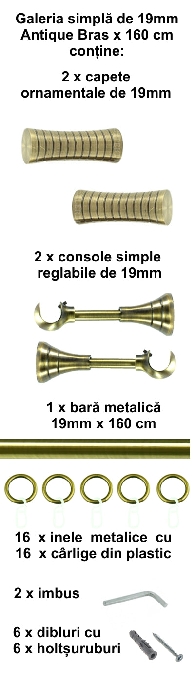 Galerie Metalică Febris, simplă, clasică, cu inele, 19mm, antique brass (auriu antic)