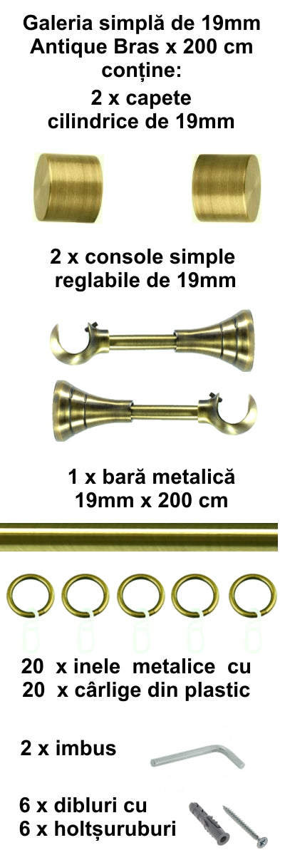 Galerie metalica Luna simpla 19mm x 1.6m, antique brass (auriu antic)