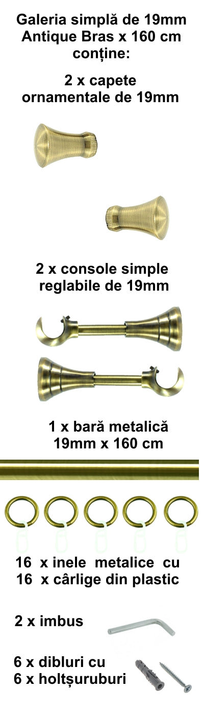 Galerie Metalică Monaco, simplă, clasică, cu inele, 19mm, antique brass (auriu antic)