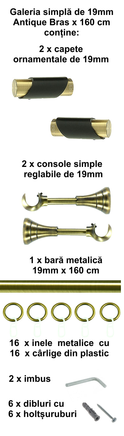 Galerie Metalică Paris, simplă, clasică, cu inele, 19mm, antique brass (auriu antic)