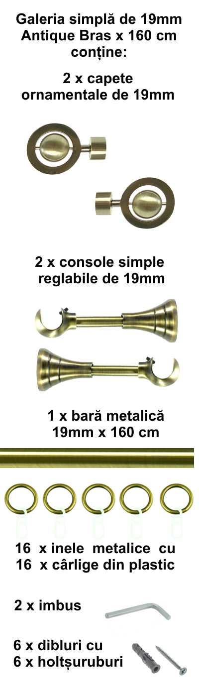 Galerie Metalică Seti, simplă, clasică, cu inele, 19mm, antique brass (auriu antic)