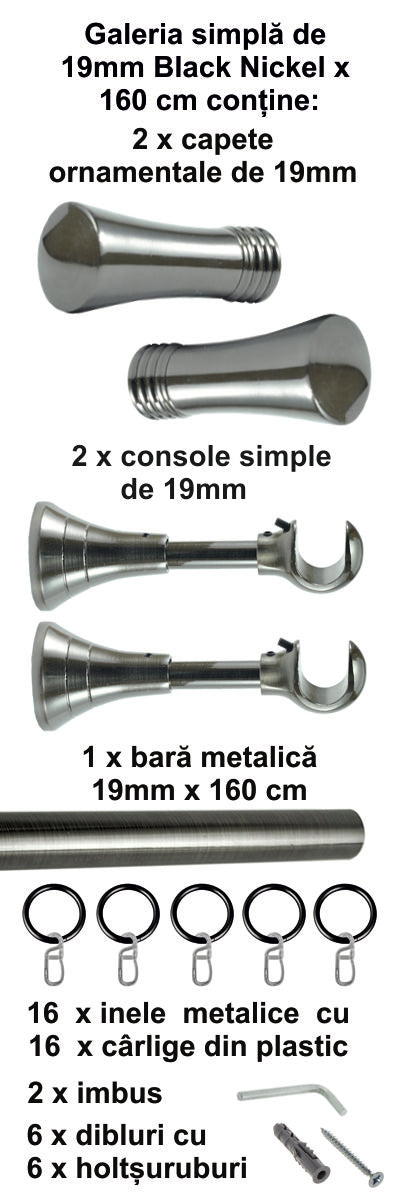 Galerie Metalică Ahile, simplă, clasică, cu inele, 19mm, Black Nickel