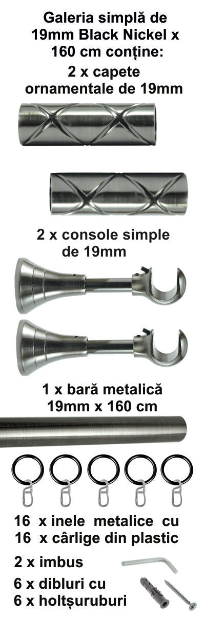 Galerie Metalică Ciel, simplă, clasică, cu inele, 19mm, Black Nickel