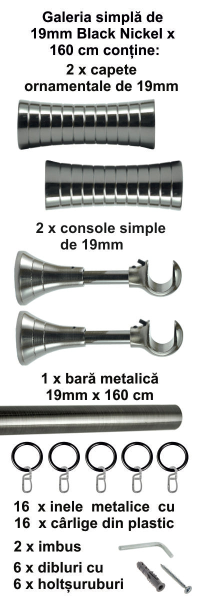 Galerie Metalică Febris, simplă, clasică, cu inele, 19mm, Black Nickel
