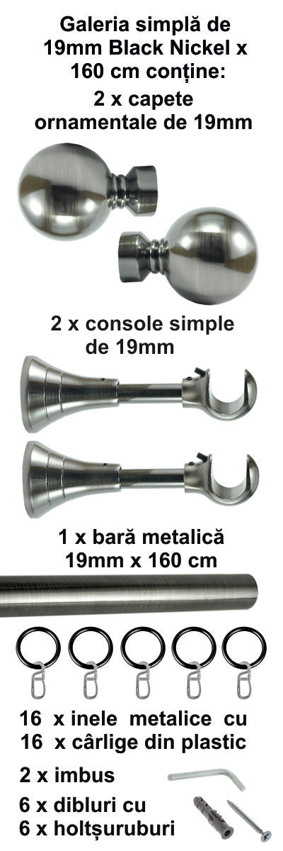 Galerie Metalică Kalisto, simplă, clasică, cu inele, 19mm, Black Nickel