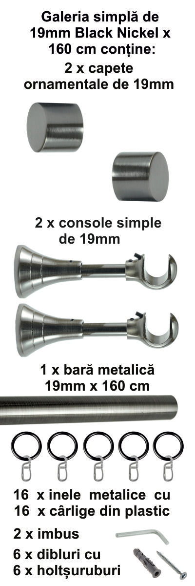 Galerie metalica Luna simpla 19mm x 1.6m, Black Nickel