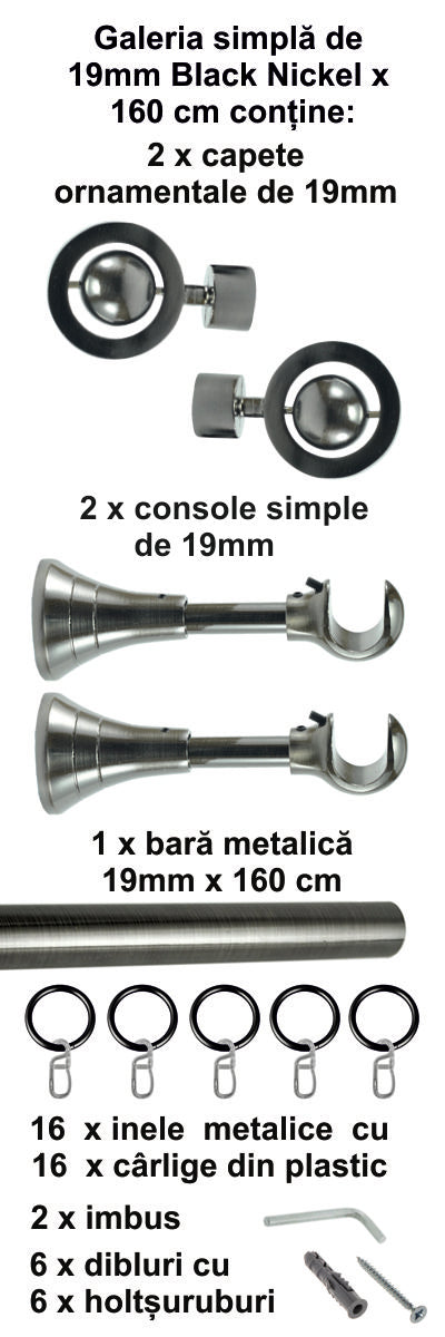 Galerie metalica Seti simpla 19mm x 1.6m, Black Nickel