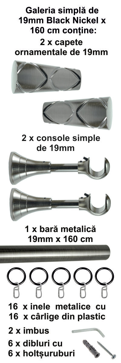 Galerie metalica Zeus simpla 19mm x 1.6m, Black Nickel