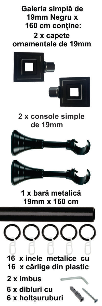 Galerie Metalică Square, simplă, clasică, cu inele, 19mm, Negru