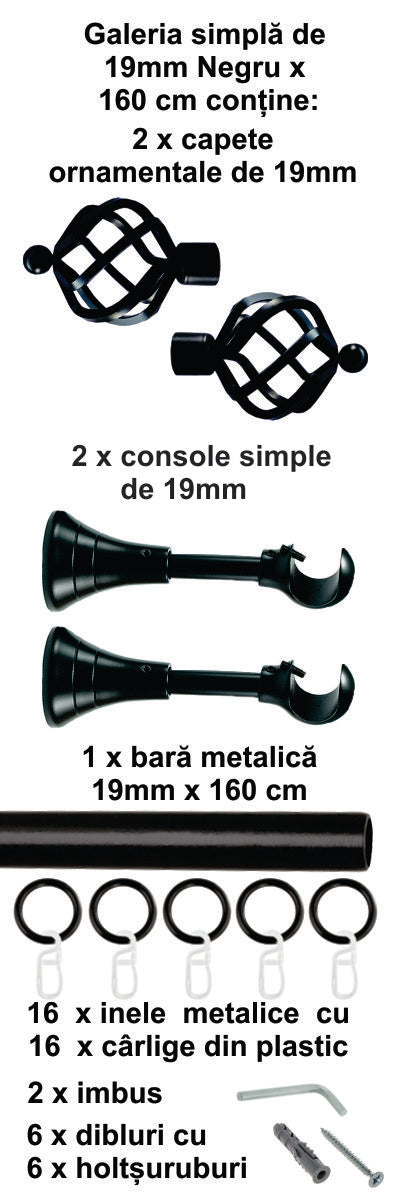 Galerie Metalică Torso, simplă, clasică, cu inele, 19mm, Negru