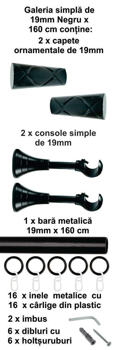 Galerie Metalică Zeus, simplă, clasică, cu inele, 19mm, Negru