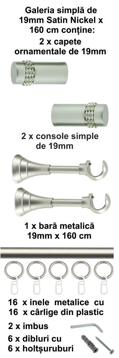 Galerie Metalică Dios, simplă, clasică, cu inele, 19mm, satin nichel (argintiu mat)