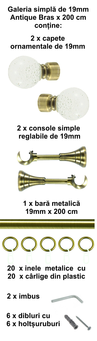 Galerie Metalică Buble, simplă, clasică, cu inele, 19mm, antique brass (auriu antic)
