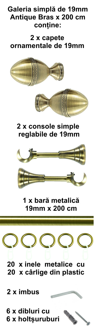 Galerie Metalică Cezar, simplă, clasică, cu inele, 19mm, antique brass (auriu antic)