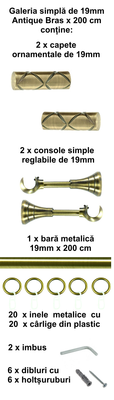 Galerie Metalică Ciel, simplă, clasică, cu inele, 19mm, antique brass (auriu antic)
