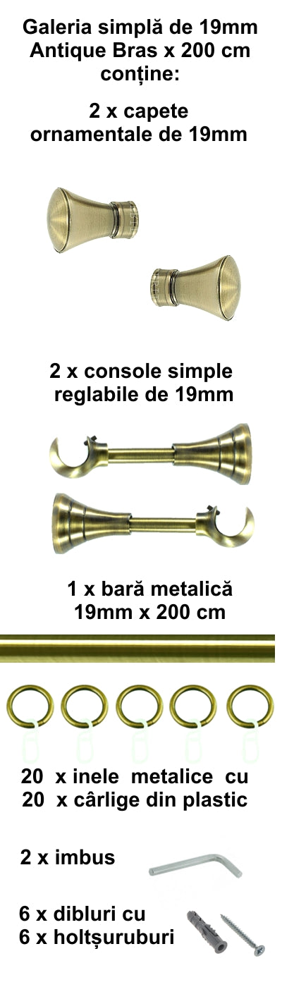 Galerie Metalică Conic, simplă, clasică, cu inele, 19mm, antique brass (auriu antic)
