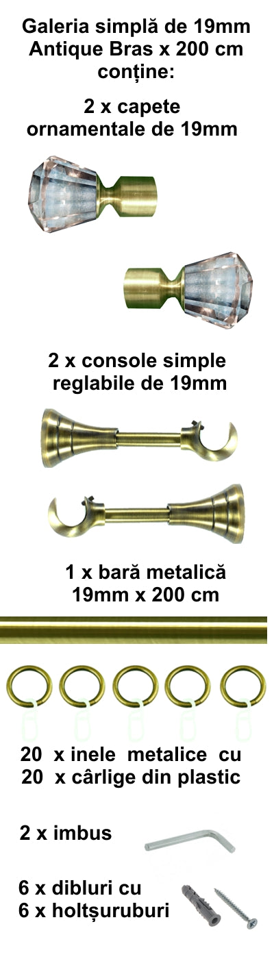 Galerie Metalică Cristal, simplă, clasică, cu inele, 19mm, antique brass (auriu antic)
