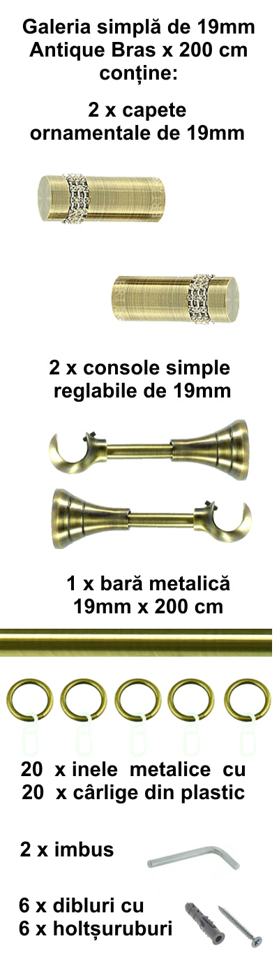 Galerie Metalică Dios, simplă, clasică, cu inele, 19mm, antique brass (auriu antic)