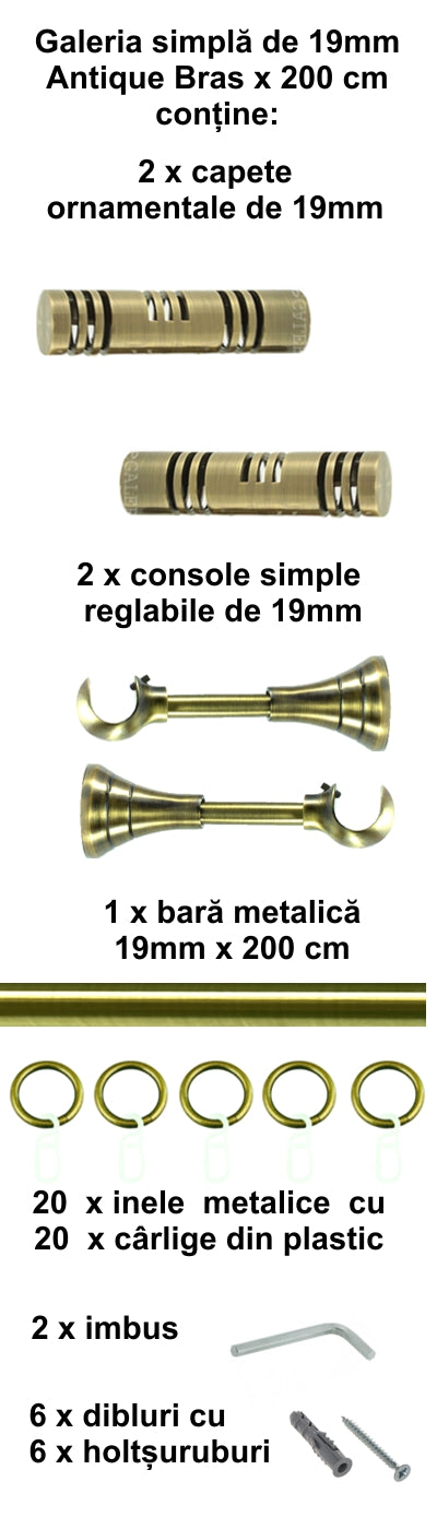 Galerie Metalică Elis, simplă, clasică, cu inele, 19mm, antique brass (auriu antic)