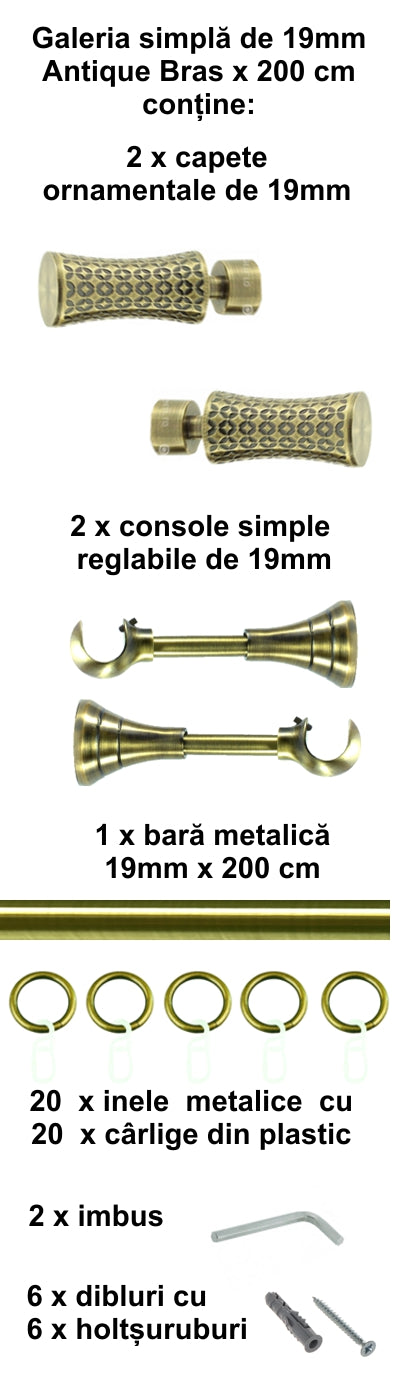 Galerie Metalică Jaris, simplă, clasică, cu inele, 19mm, antique brass (auriu antic)