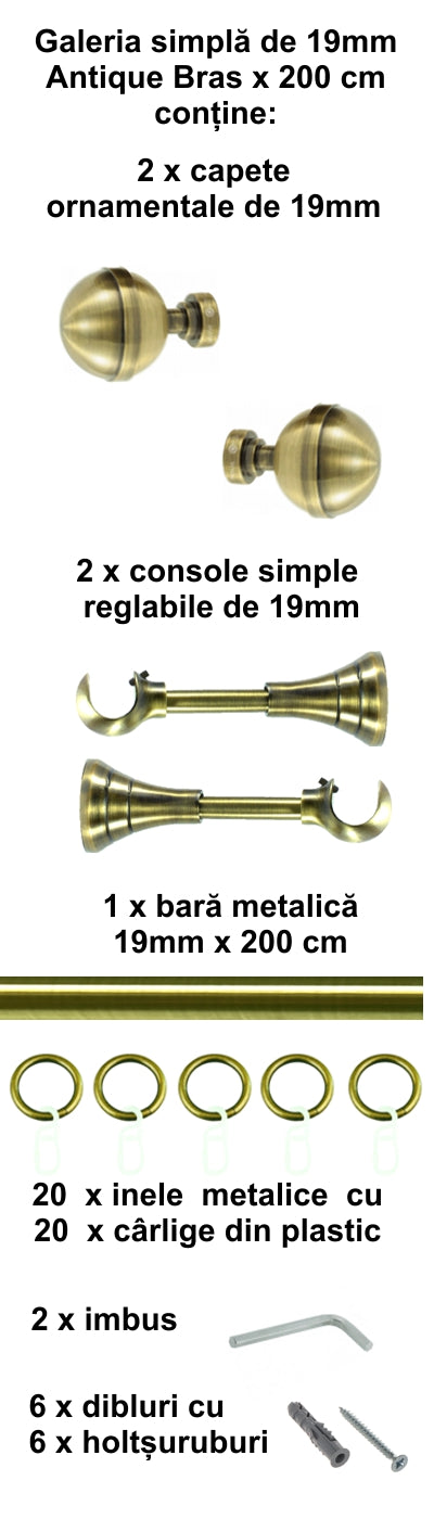 Galerie Metalică Kalisto, simplă, clasică, cu inele, 19mm, antique brass (auriu antic)