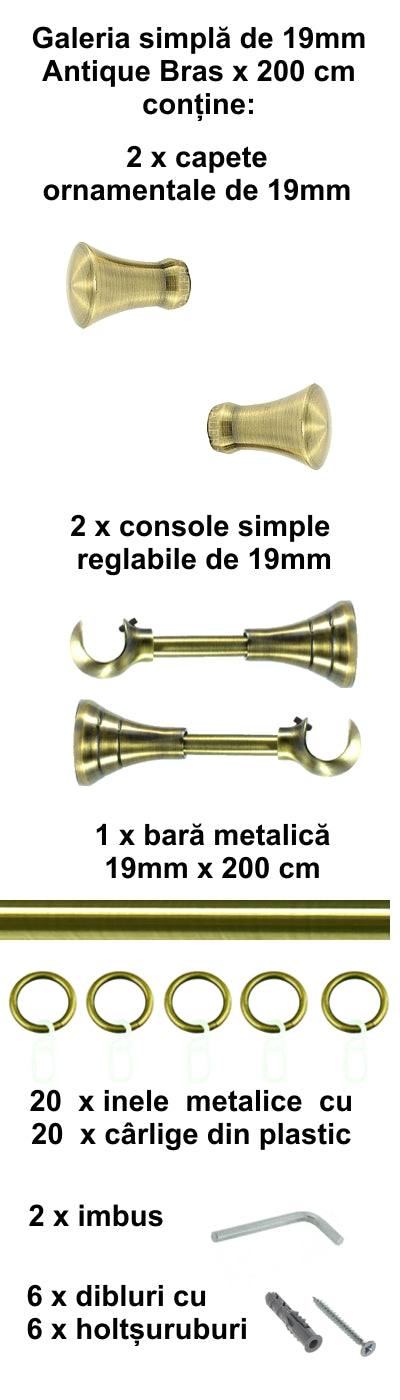 Galerie Metalică Monaco, simplă, clasică, cu inele, 19mm, antique brass (auriu antic)