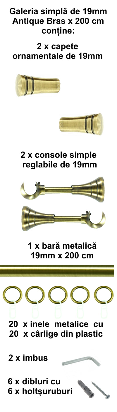 Galerie Metalică Paola, simplă, clasică, cu inele, 19mm, antique brass (auriu antic)