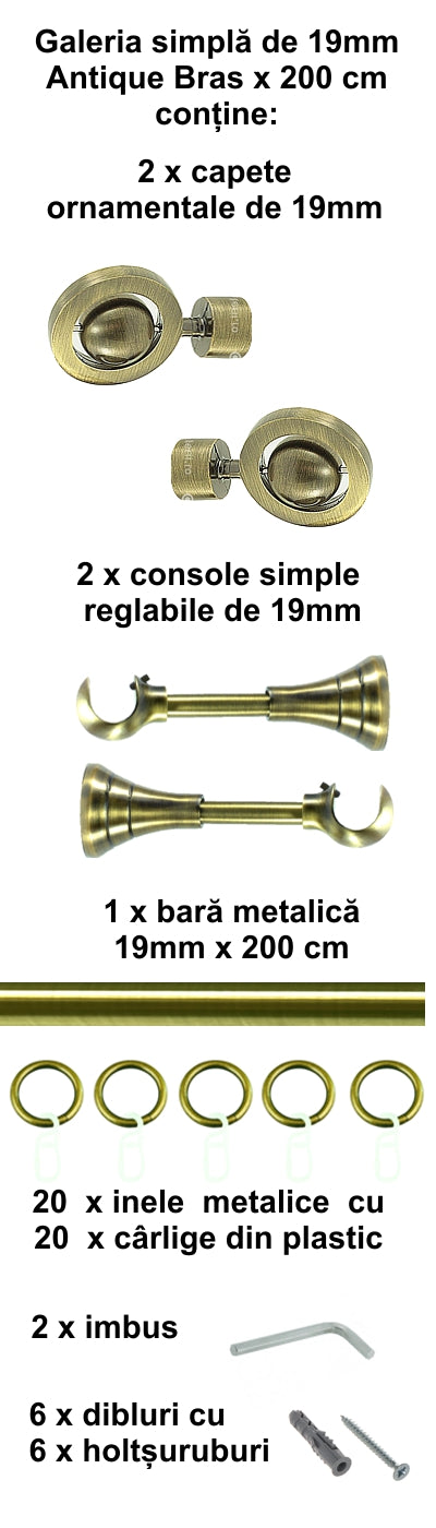 Galerie Metalică Seti, simplă, clasică, cu inele, 19mm, antique brass (auriu antic)