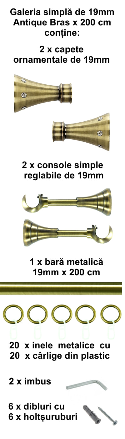 Galerie Metalică Sigma, simplă, clasică, cu inele, 19mm, antique brass (auriu antic)