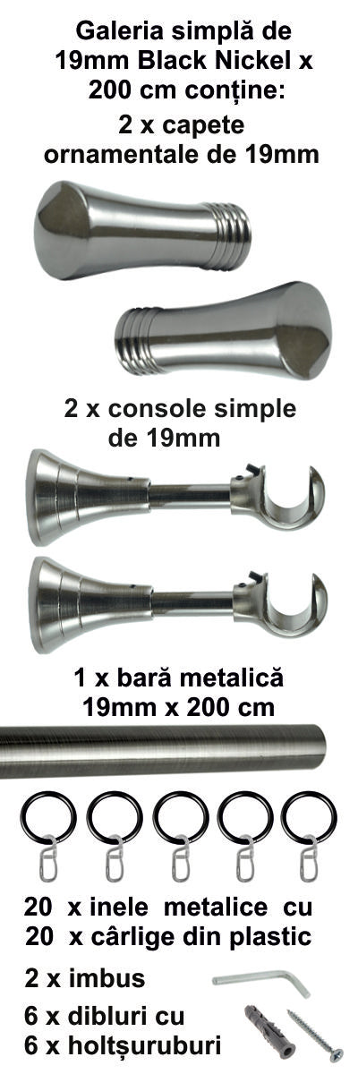 Galerie Metalică Ahile, simplă, clasică, cu inele, 19mm, Black Nickel