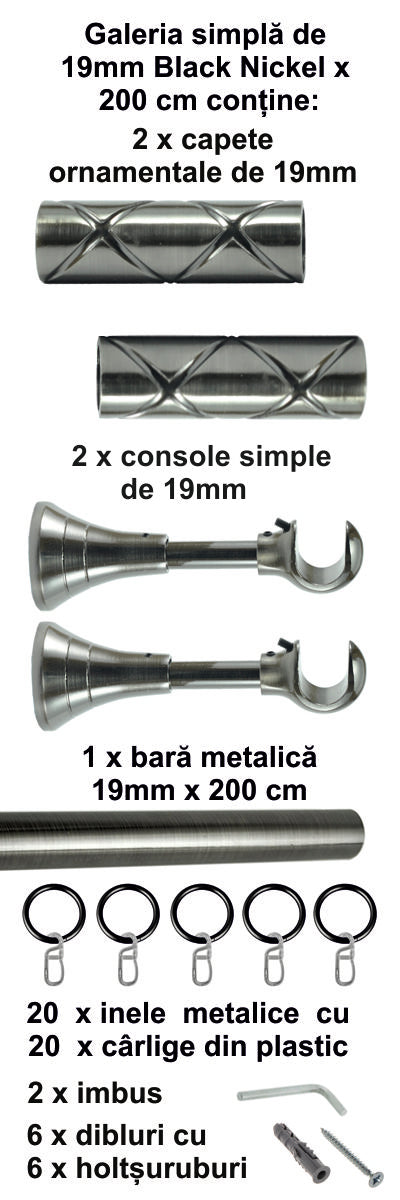 Galerie Metalică Ciel, simplă, clasică, cu inele, 19mm, Black Nickel
