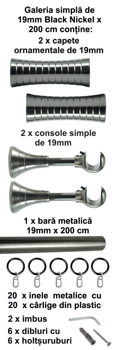 Galerie Metalică Febris, simplă, clasică, cu inele, 19mm, Black Nickel