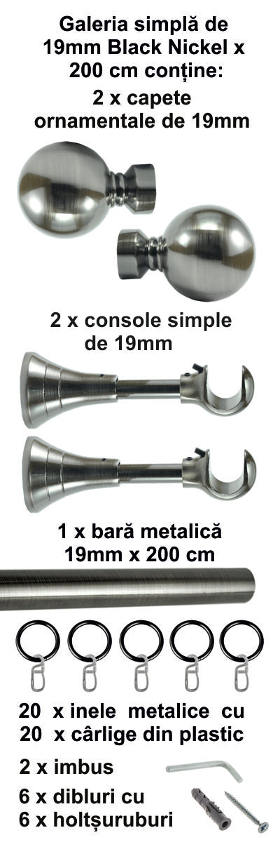 Galerie Metalică Kalisto, simplă, clasică, cu inele, 19mm, Black Nickel