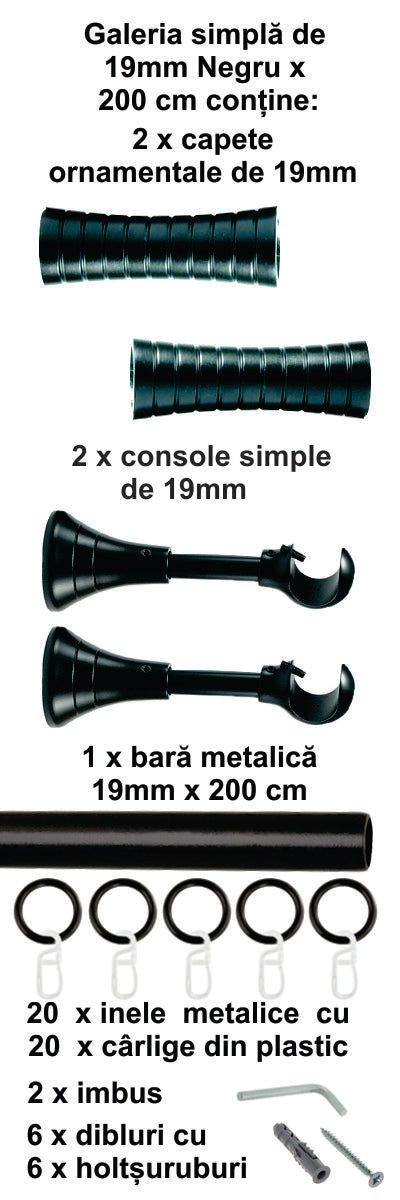 Galerie Metalică Febris, simplă, clasică, cu inele, 19mm, Negru