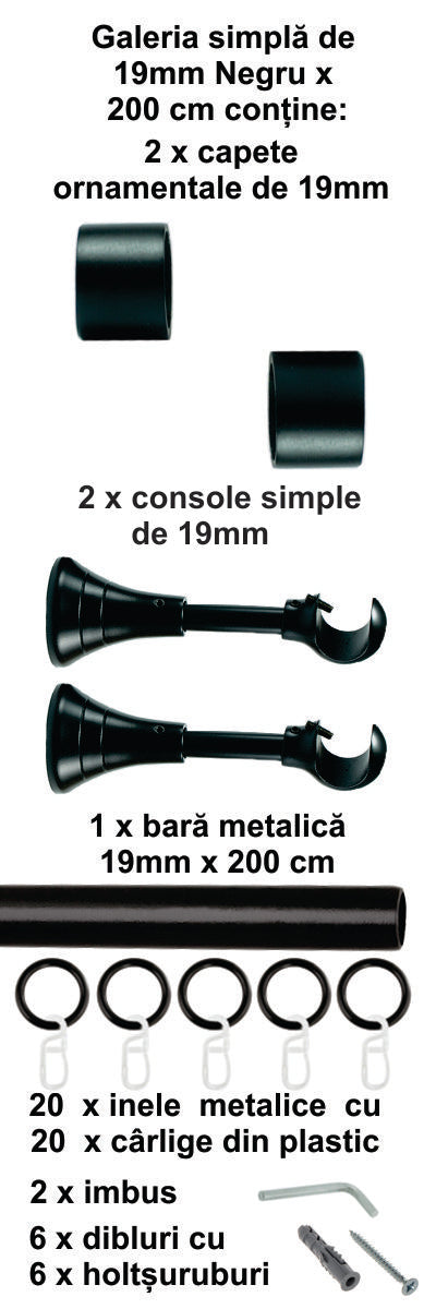 Galerie Metalică Luna, simplă, clasică, cu inele, 19mm, Negru