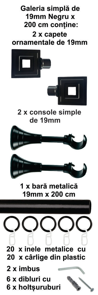 Galerie Metalică Square, simplă, clasică, cu inele, 19mm, Negru