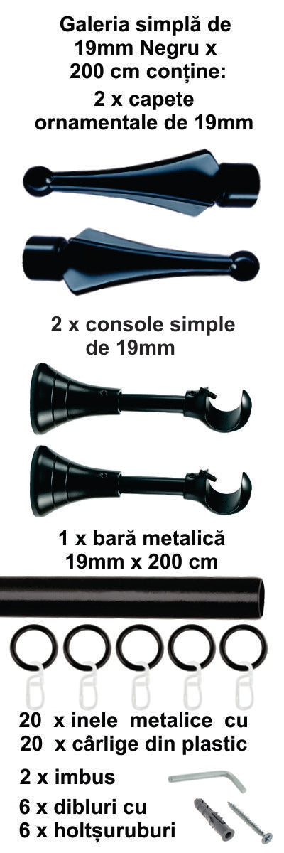 Galerie Metalică Robin, simplă, clasică, cu inele, 19mm, Negru