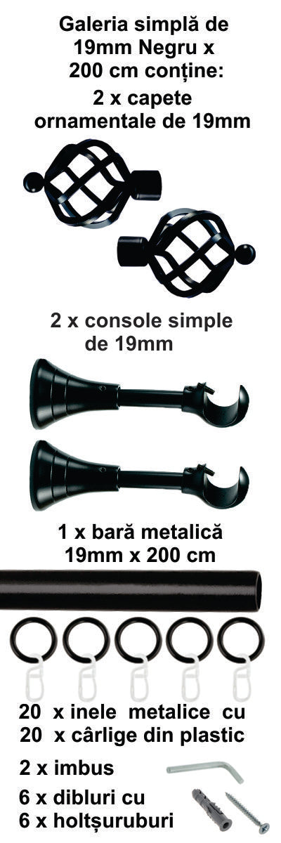 Galerie Metalică Torso, simplă, clasică, cu inele, 19mm, Negru