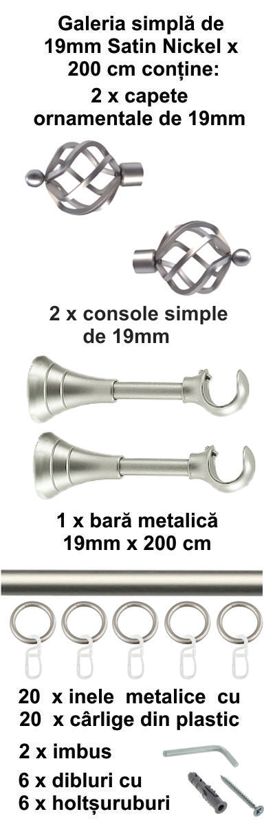 Galerie Metalică Torso, simplă, clasică, cu inele, 19mm, satin nichel (argintiu mat)