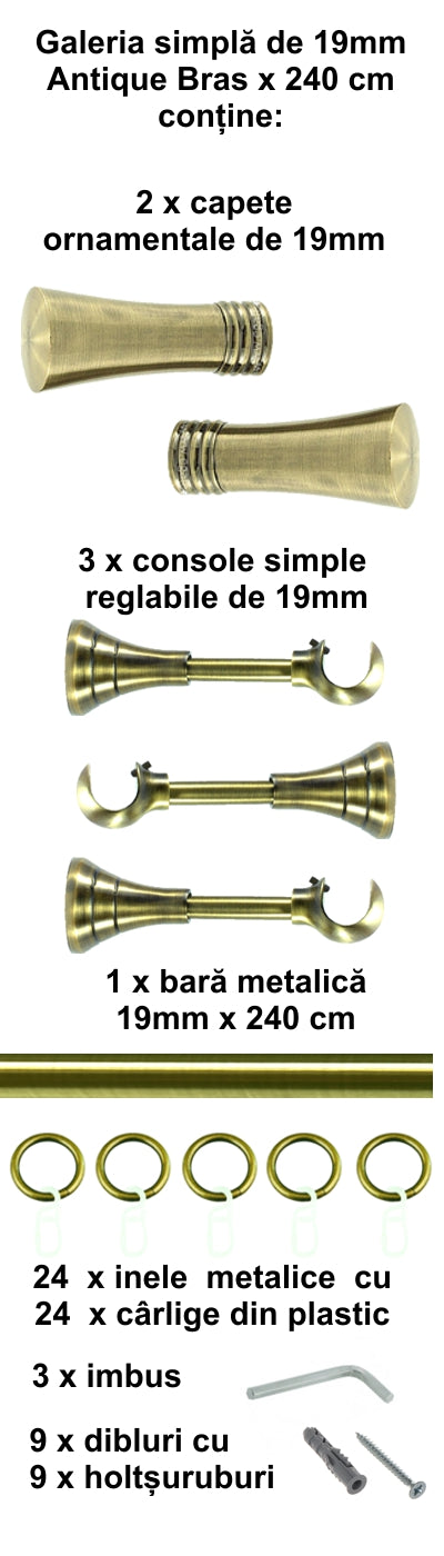Galerie Metalică Ahile, simplă, clasică, cu inele, 19mm, antique brass (auriu antic)