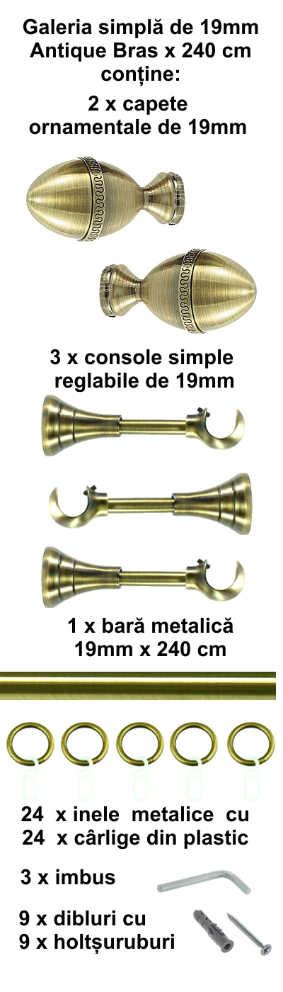Galerie Metalică Cezar, simplă, clasică, cu inele, 19mm, antique brass (auriu antic)