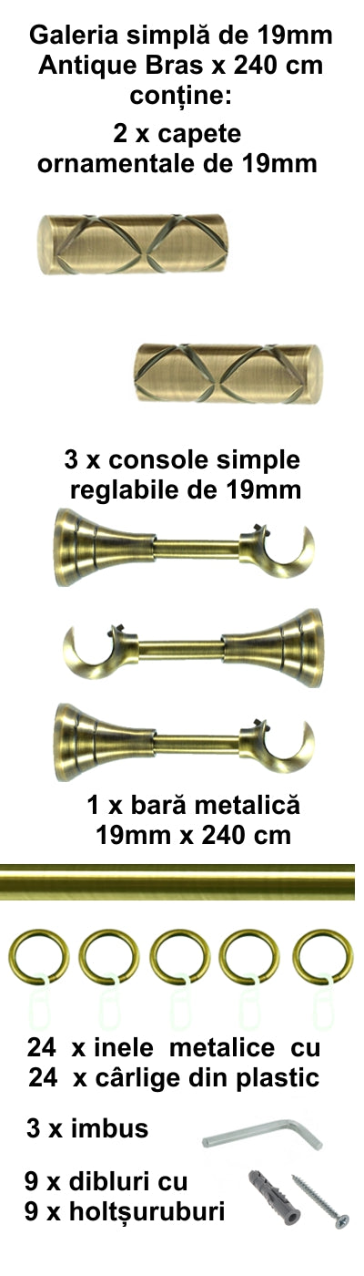 Galerie Metalică Ciel, simplă, clasică, cu inele, 19mm, antique brass (auriu antic)