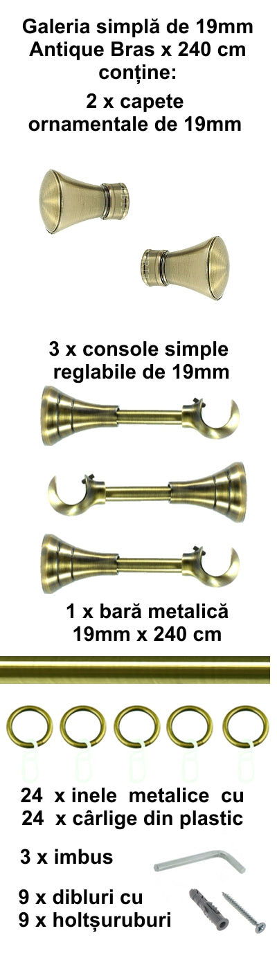 Galerie Metalică Conic, simplă, clasică, cu inele, 19mm, antique brass (auriu antic)