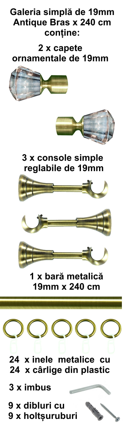 Galerie Metalică Cristal, simplă, clasică, cu inele, 19mm, antique brass (auriu antic)