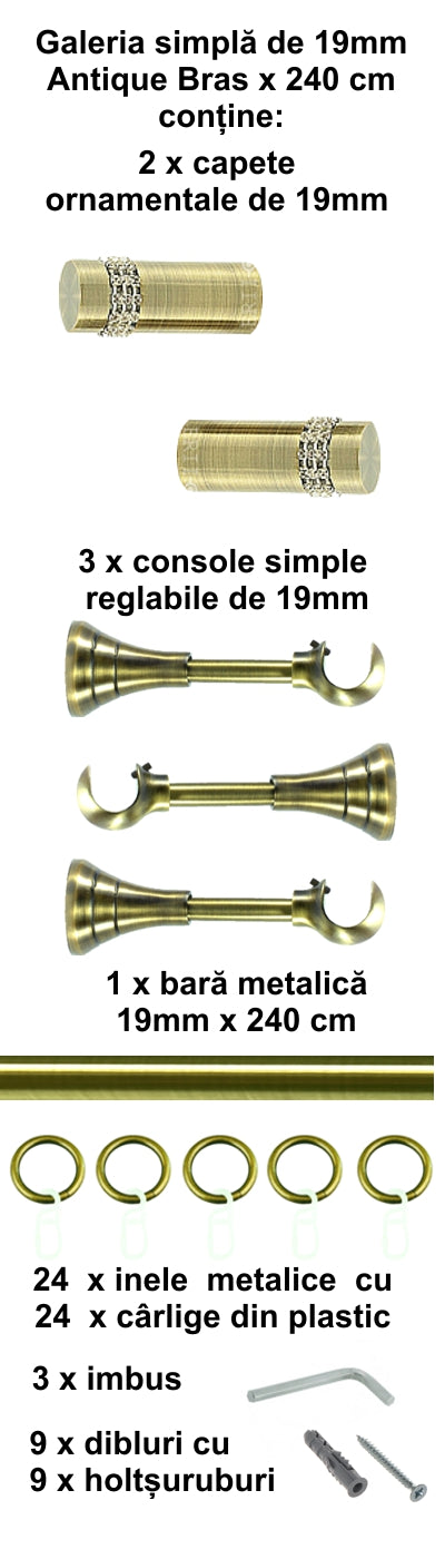Galerie Metalică Dios, simplă, clasică, cu inele, 19mm, antique brass (auriu antic)