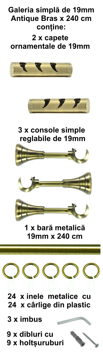 Galerie Metalică Drop, simplă, clasică, cu inele, 19mm, antique brass (auriu antic)