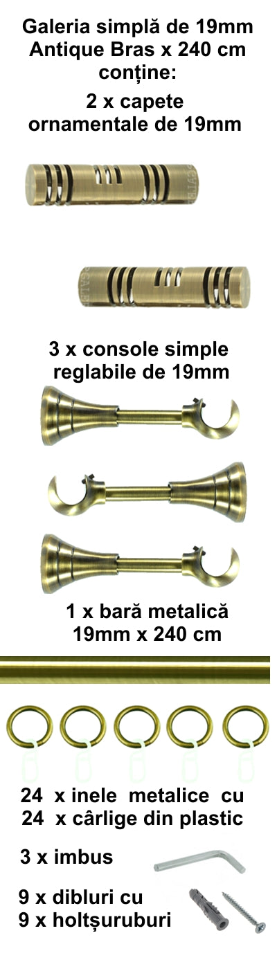 Galerie Metalică Elis, simplă, clasică, cu inele, 19mm, antique brass (auriu antic)